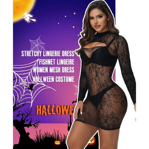 Black Fishnet Beach Cover Up Dress Sexy Bodycon Lingerie Nightwear for Women - Picture 4 of 5